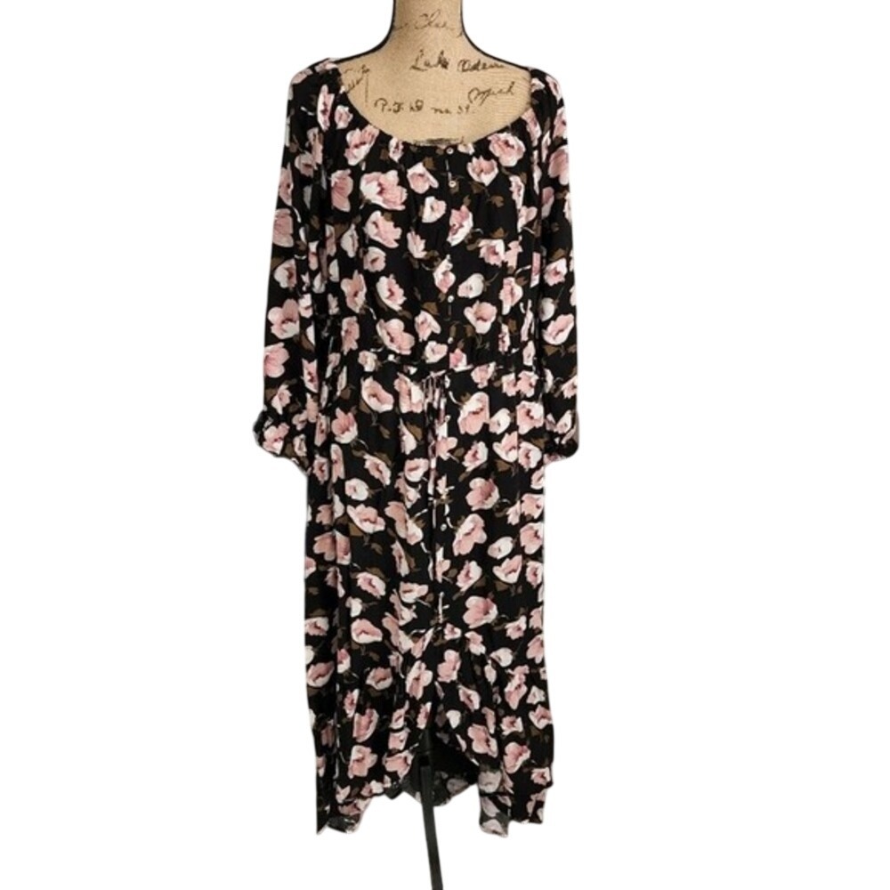 Just Found Womens Black Pink Floral Rayon‎ Button Front High Low Midi Dress 3X